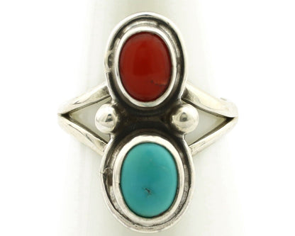 Navajo Handmade Ring 925 Silver Coral & Turquoise Native American Artist C.80's