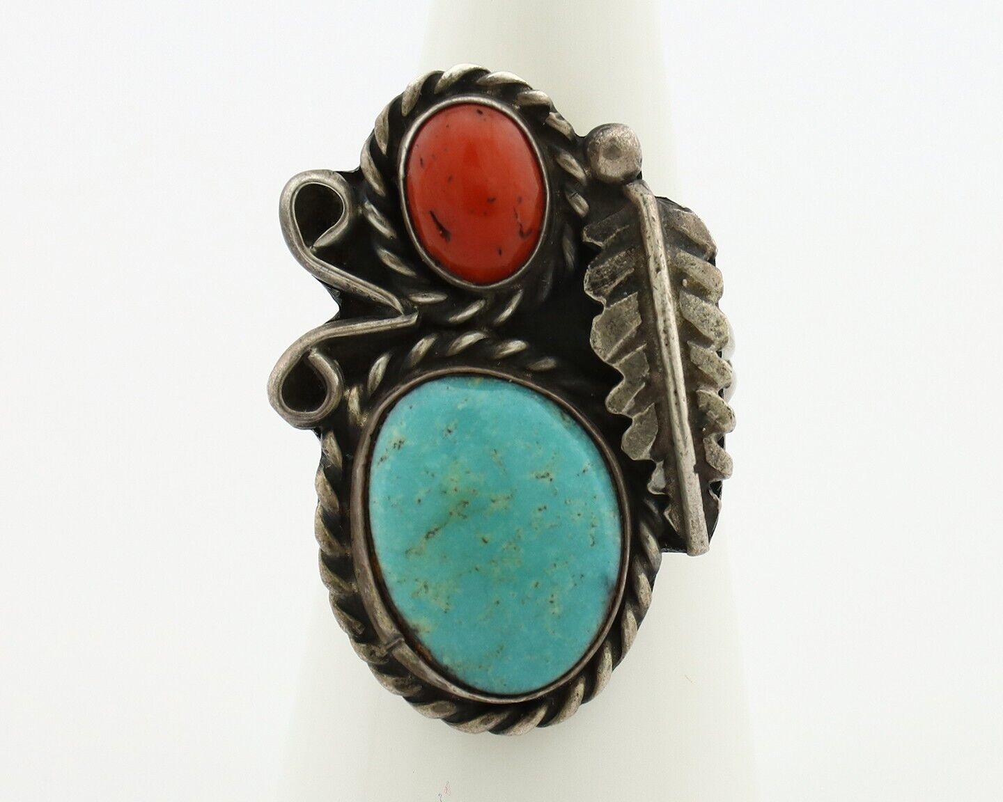Navajo Handmade Ring 925 Silver Turquiose & Coral Native American Artist C.80's