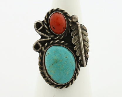 Navajo Handmade Ring 925 Silver Turquiose & Coral Native American Artist C.80's