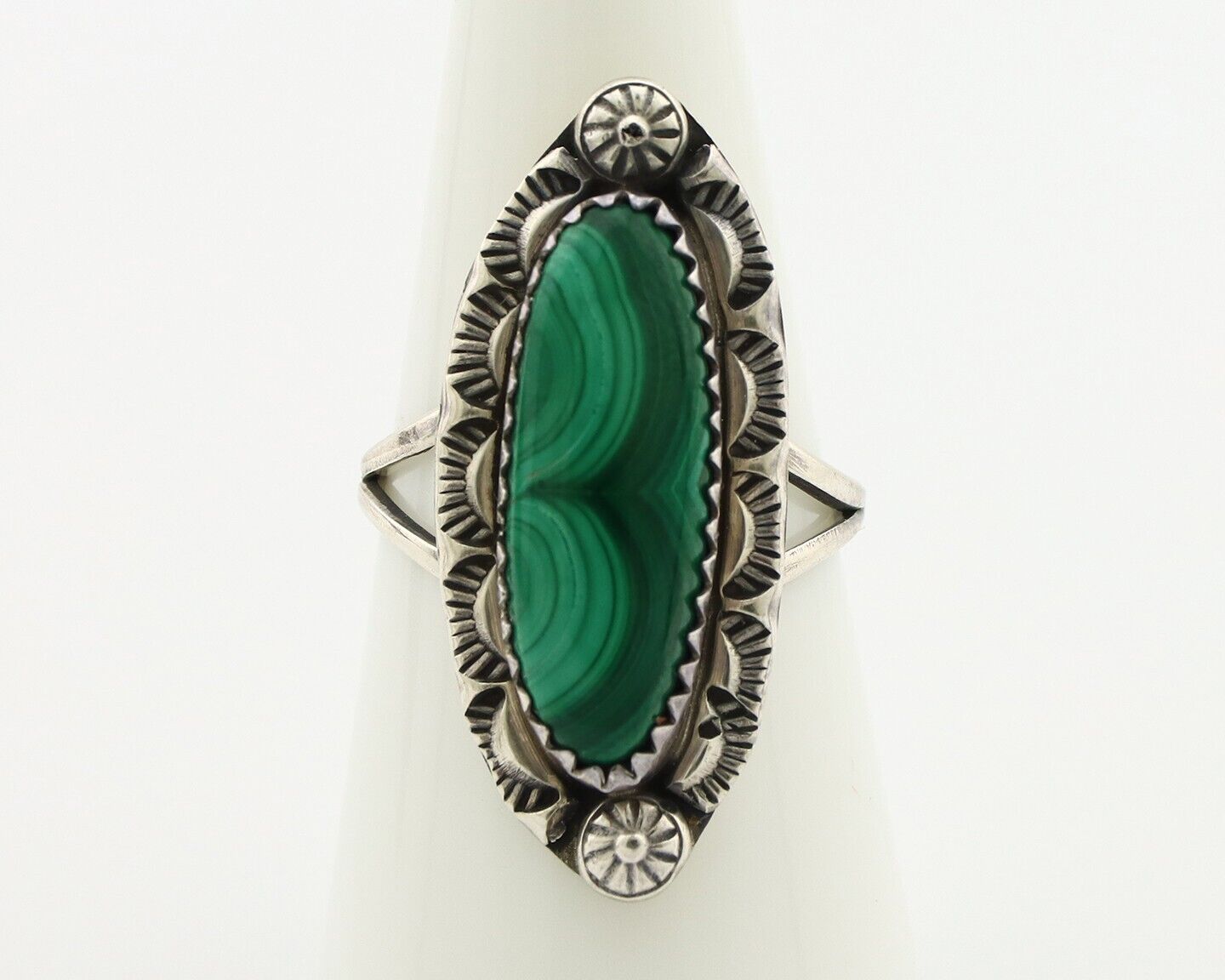 Navajo Ring .925 Silver Malachite Hand Stamped Signed Herman Lee C.80's