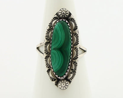 Navajo Ring .925 Silver Malachite Hand Stamped Signed Herman Lee C.80's