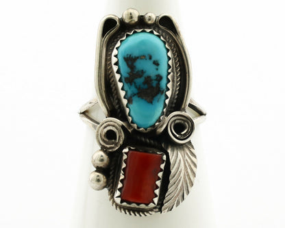 Navajo Ring .925 Silver Turquoise & Coral Artist Signed J Morris C.80's