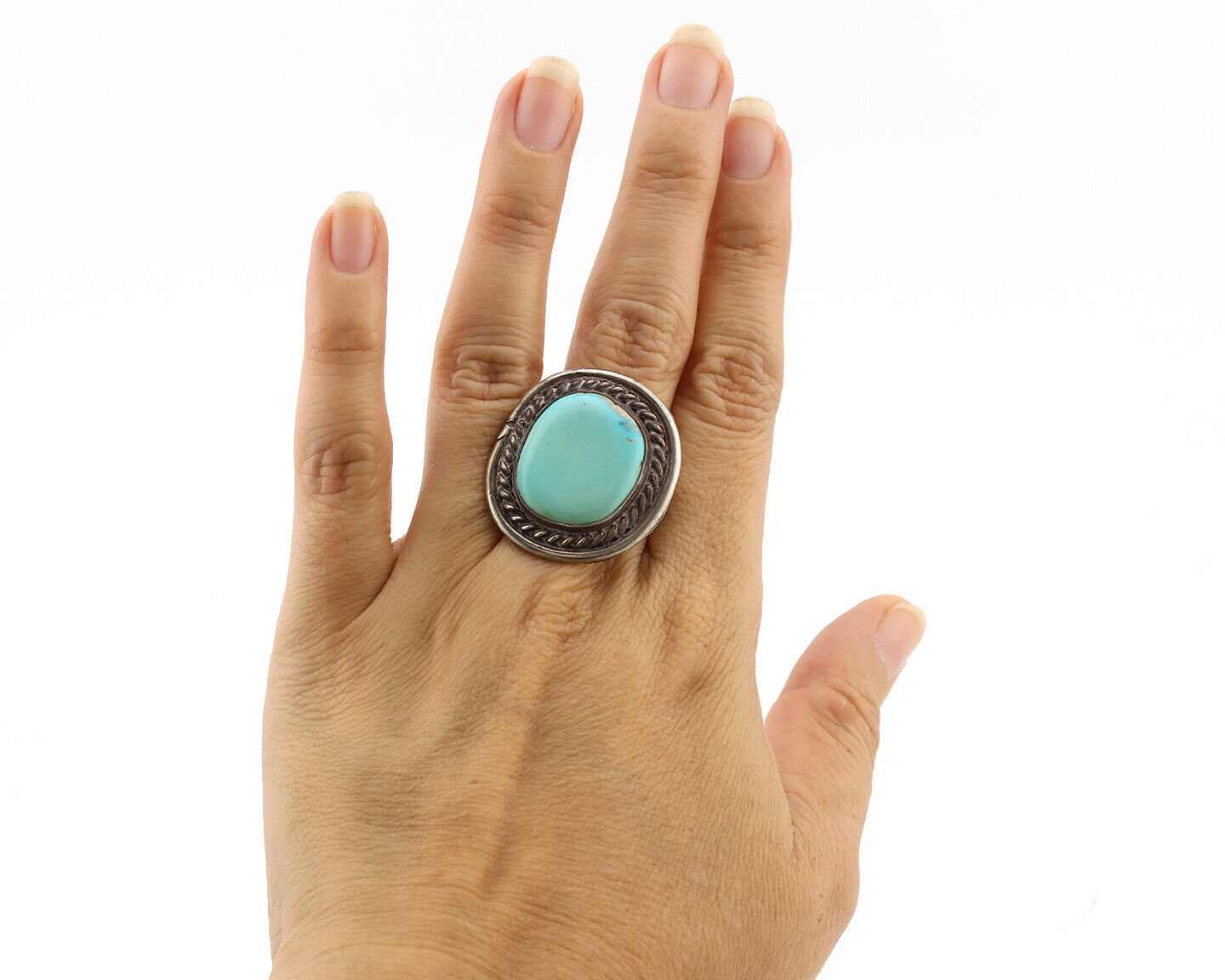 Navajo Ring .925 Silver Globe Turquoise Native American Artist C.1980's