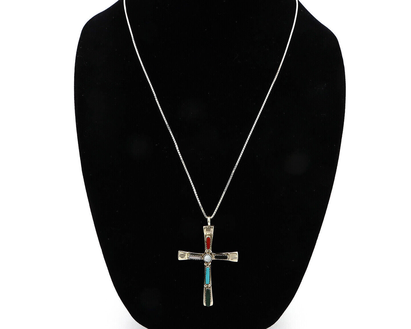 Zuni Handmade Cross Necklace 925 Silver Natural Gemstone Signed C. IULE C.80's