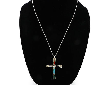 Zuni Handmade Cross Necklace 925 Silver Natural Gemstone Signed C. IULE C.80's