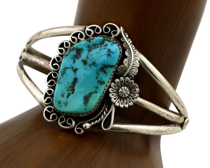 Navajo Cuff Bracelet 925 Silver Blue Turquoise Artist Signed MJ C.80's