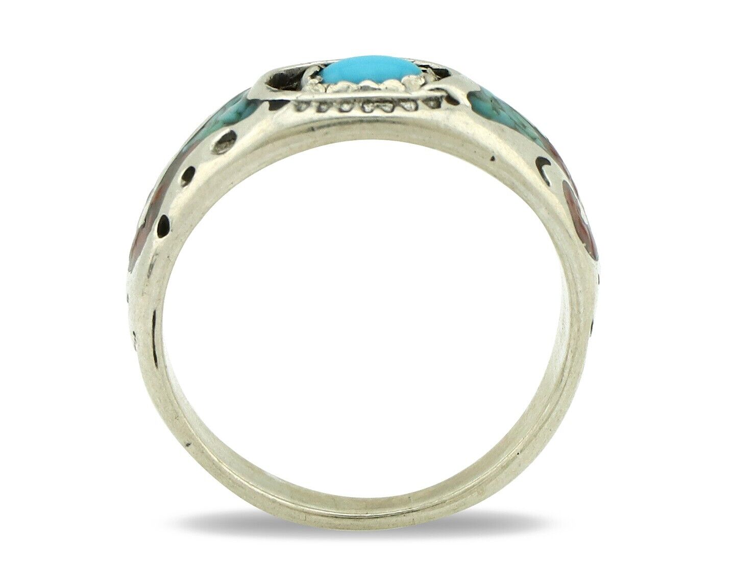 Navajo Handmade Ring 925 Silver Blue Turquoise & Coral Native American C.80's