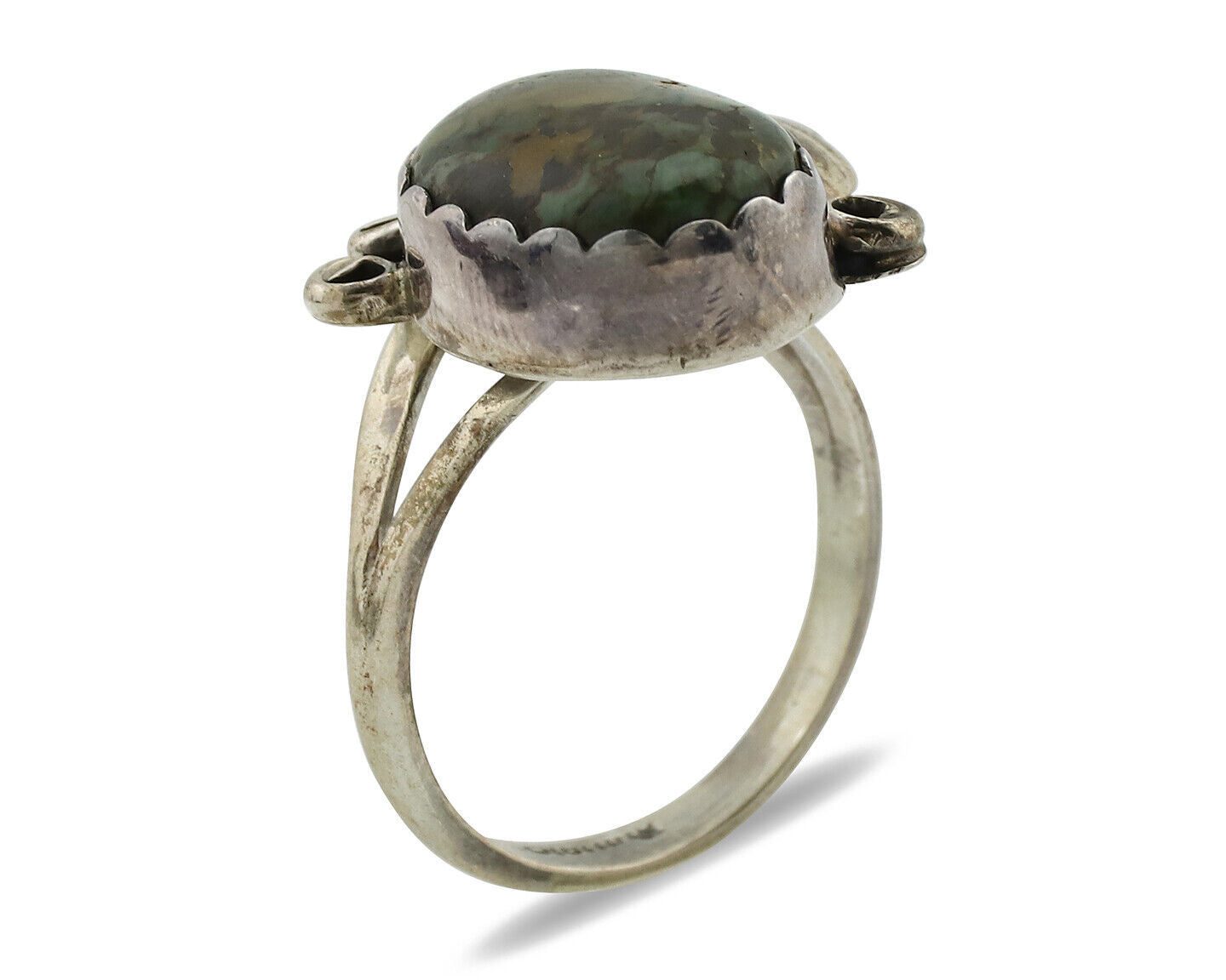 Navajo Ring .925 Silver Army Green Turquoise Native American Artist C.1980's