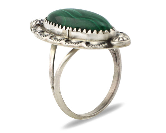 Navajo Ring 925 Silver Natural Malachite Artist Native American Signed H C.80's