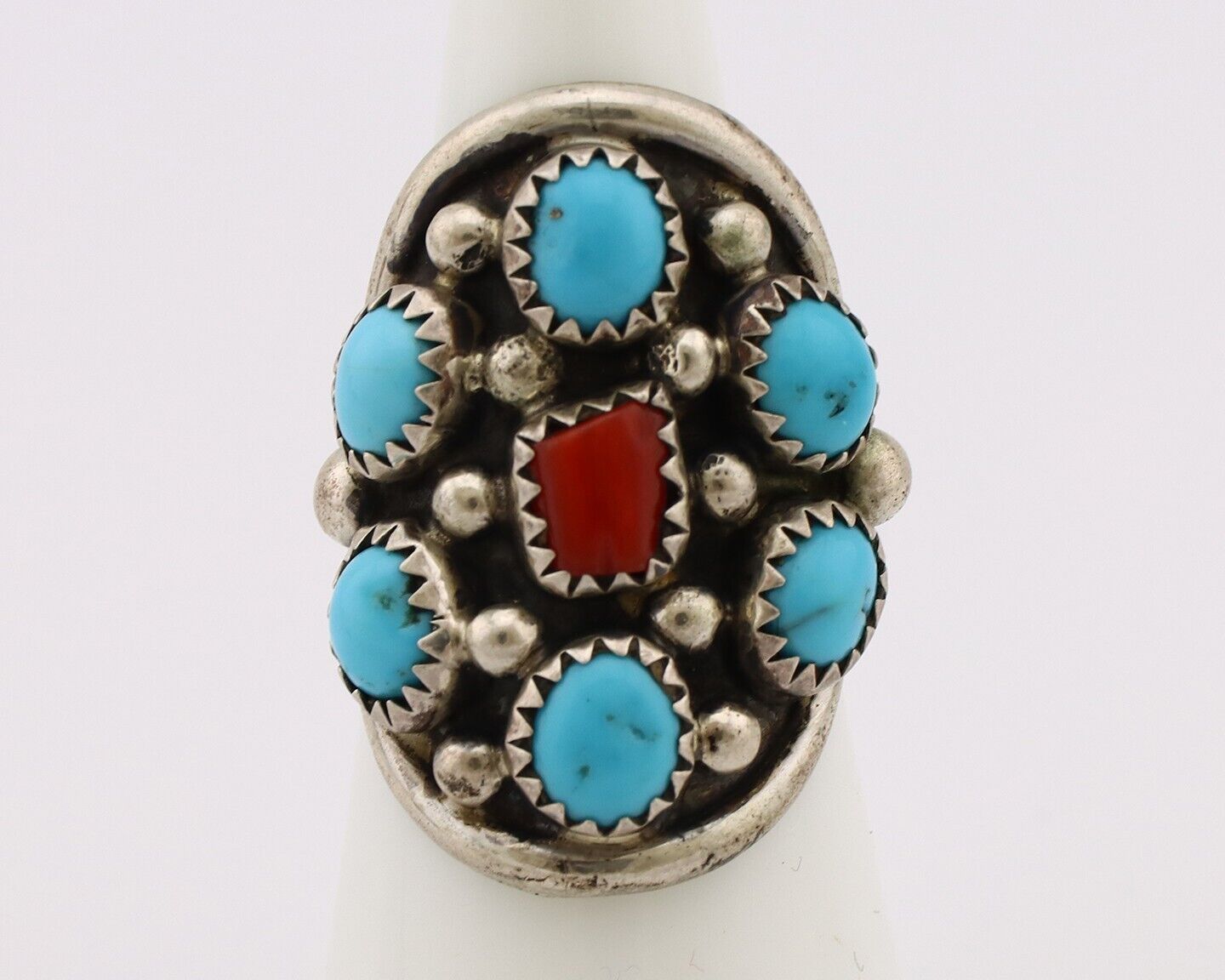 Navajo Ring 925 Silver Blue Turquiose & Coral Artist Signed Elgin Haskey C.80's
