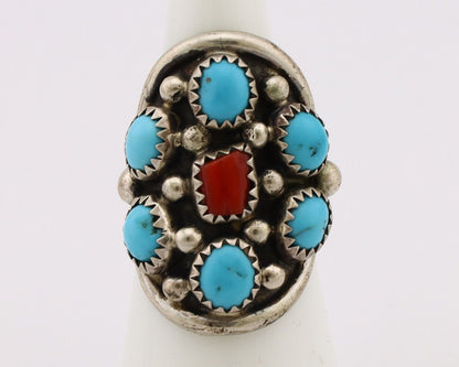 Navajo Ring 925 Silver Blue Turquiose & Coral Artist Signed Elgin Haskey C.80's