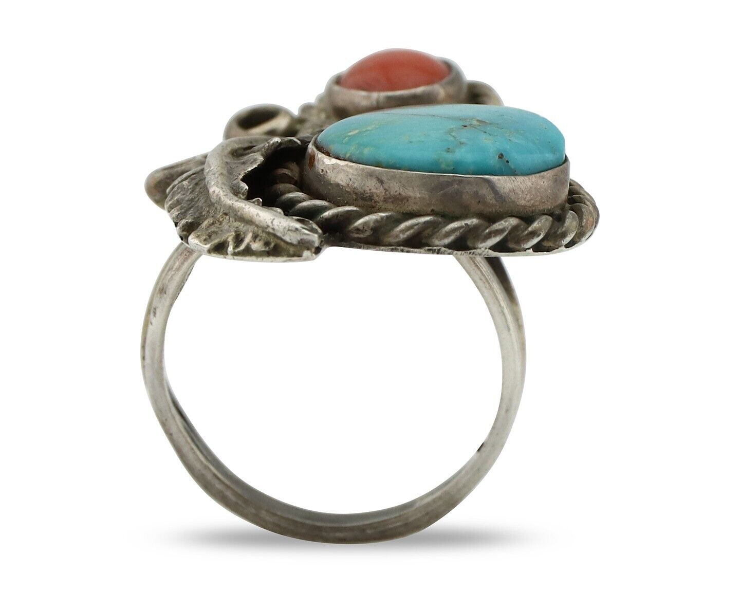Navajo Handmade Ring 925 Silver Turquiose & Coral Native American Artist C.80's