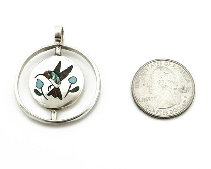 Navajo Bird Spinner Pendant .925 Silver Inlaid Gemstone Signed Baylor C.80's