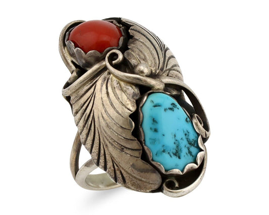 Navajo Handmade Ring 925 Silver Turquiose & Coral Artist Signed E C.80's
