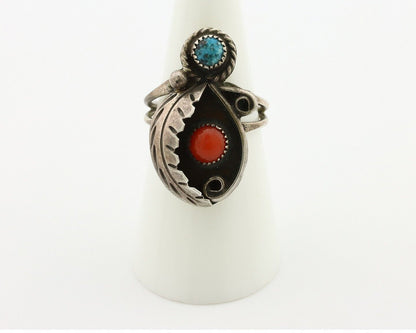 Navajo Handmade Ring 925 Silver Turquiose & Coral Native American Artist C.80's