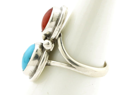 Navajo Handmade Ring 925 Silver Coral & Turquoise Native American Artist C.80's