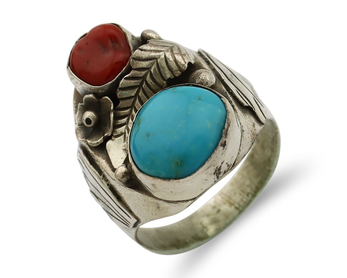 Navajo Ring 925 Silver Blue Turquiose & Mediterranean Coral Native Artist C.80's