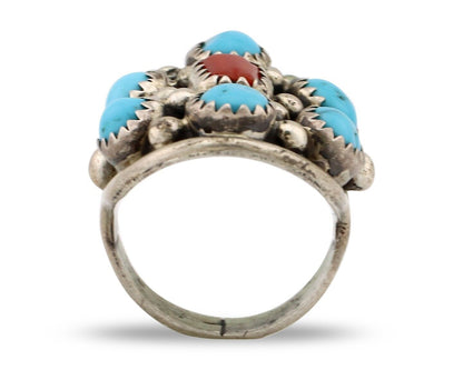 Navajo Ring 925 Silver Blue Turquiose & Coral Artist Signed Elgin Haskey C.80's