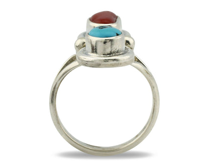 Navajo Ring .925 Silver Red Coral & Blue Turquoise Native Artist C.80's