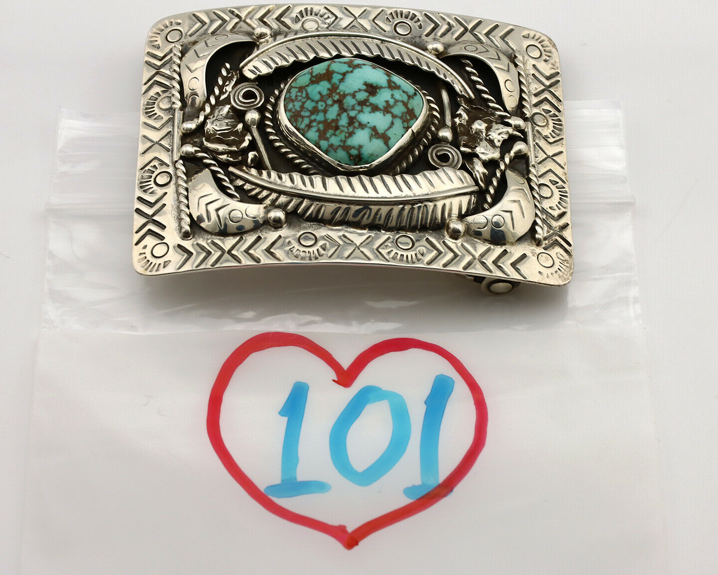 Navajo Belt Buckle .925 Silver Natural Blue Turquoise Artist Signed Tepee C.80's