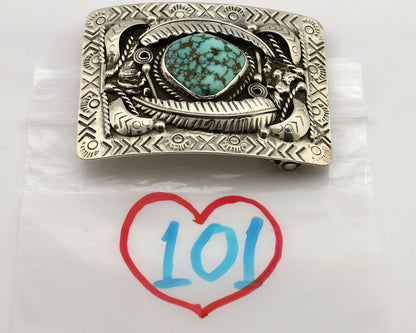 Navajo Belt Buckle .925 Silver Natural Blue Turquoise Artist Signed Tepee C.80's