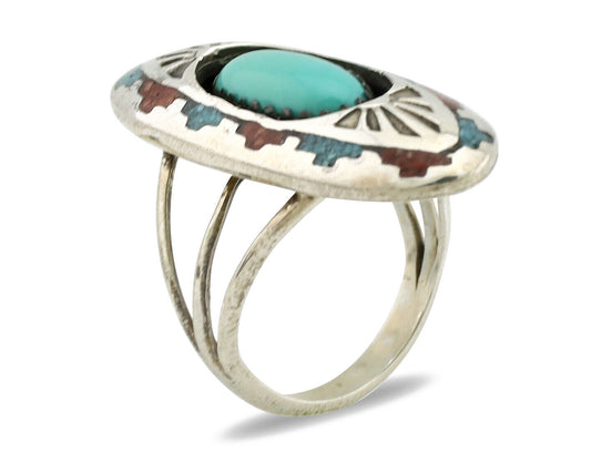 Navajo Ring 925 Silver Turquoise & Coral Signed Circle JW C.80s