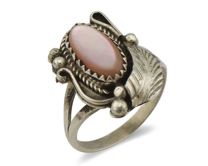 Navajo Ring .925 Silver Natural Pink Mussel Artist Signed Justin Morris C.80's