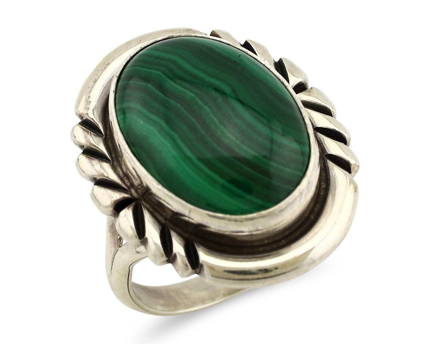 Navajo Ring 925 Silver Hand Stamped Natural Malachite Artist Signed NAKAI C.80's