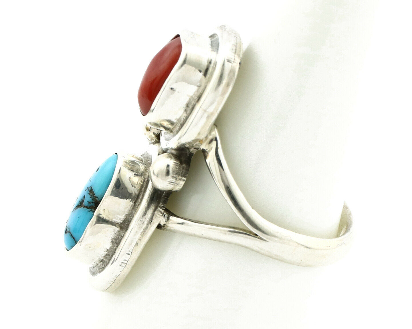 Navajo Ring .925 Silver Red Coral & Blue Turquoise Native Artist C.80's