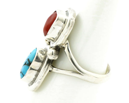 Navajo Ring .925 Silver Red Coral & Blue Turquoise Native Artist C.80's