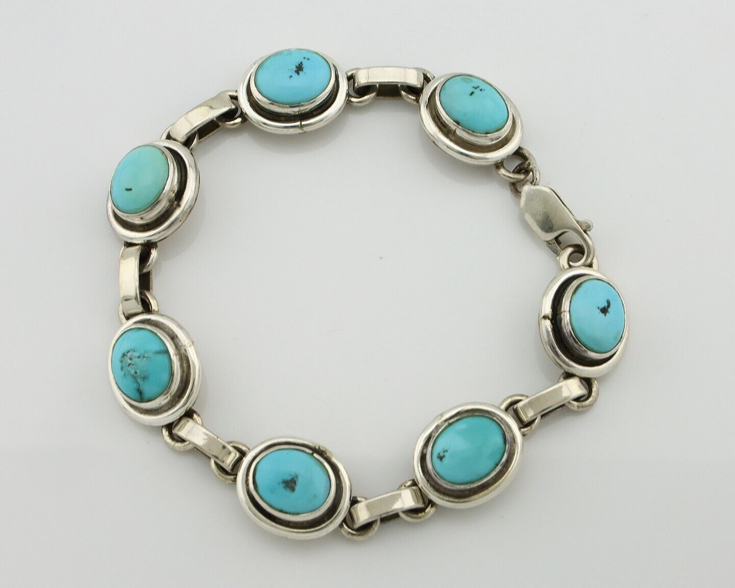 Navajo Link Bracelet .925 Silver Blue Turquoise Native American Artist C.80's