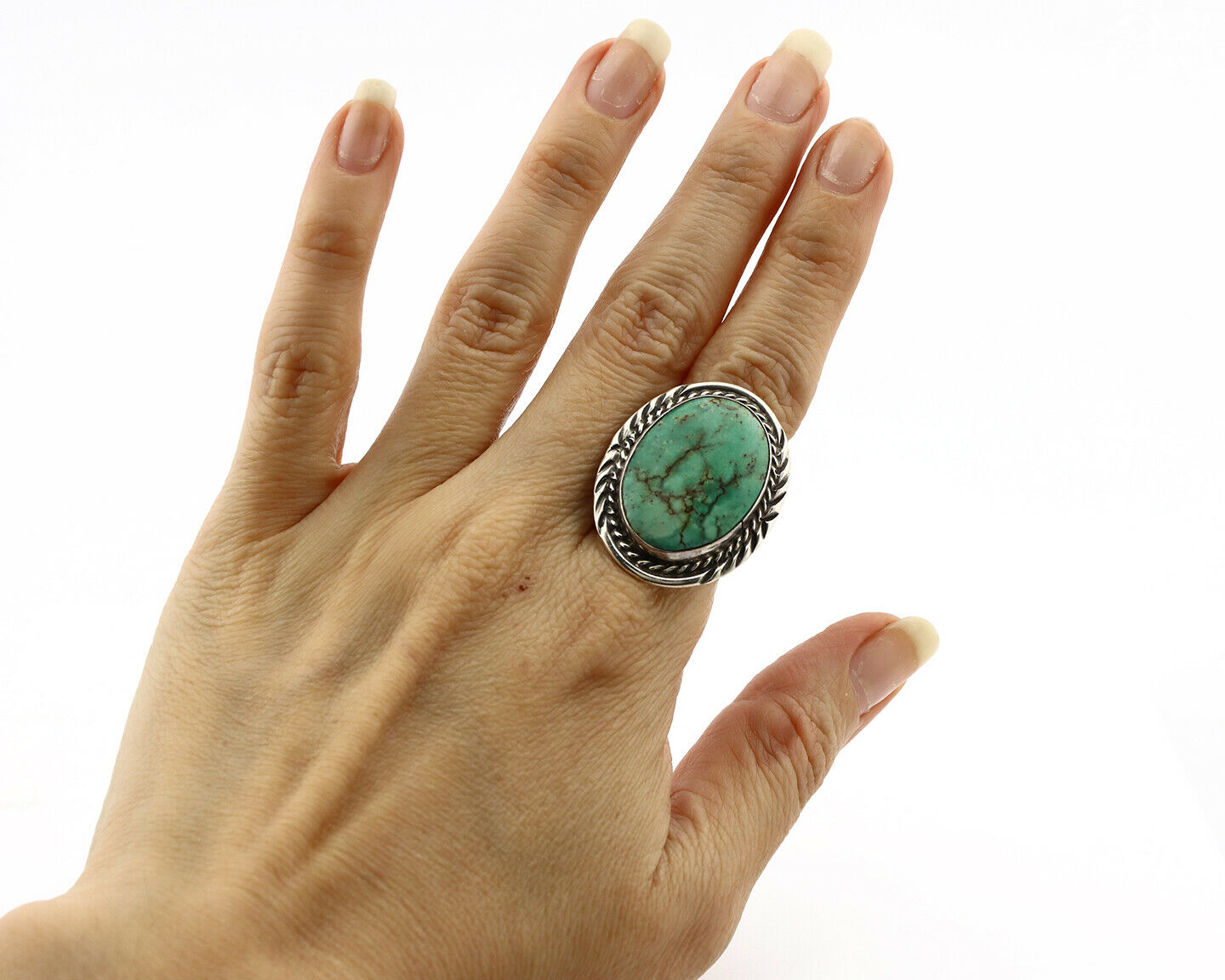Navajo Shield Ring .925 Silver Kingman Turquoise Native American Artist C.80's