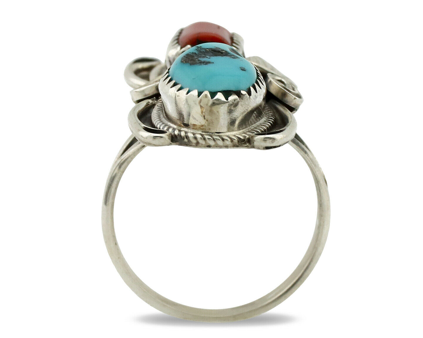 Navajo Ring .925 Silver Turquoise & Coral Artist Signed J Morris C.80's