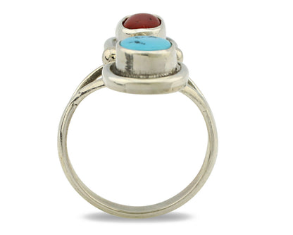 Navajo Ring .925 Silver Blue Turquoise & Red Coral Native American Artist C.80's