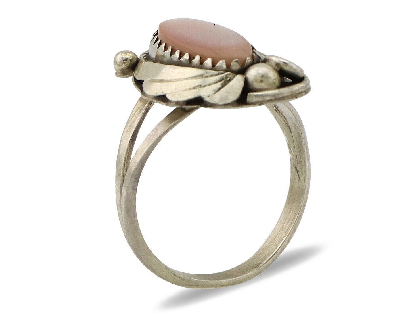 Navajo Ring .925 Silver Natural Pink Mussel Artist Signed Justin Morris C.80's