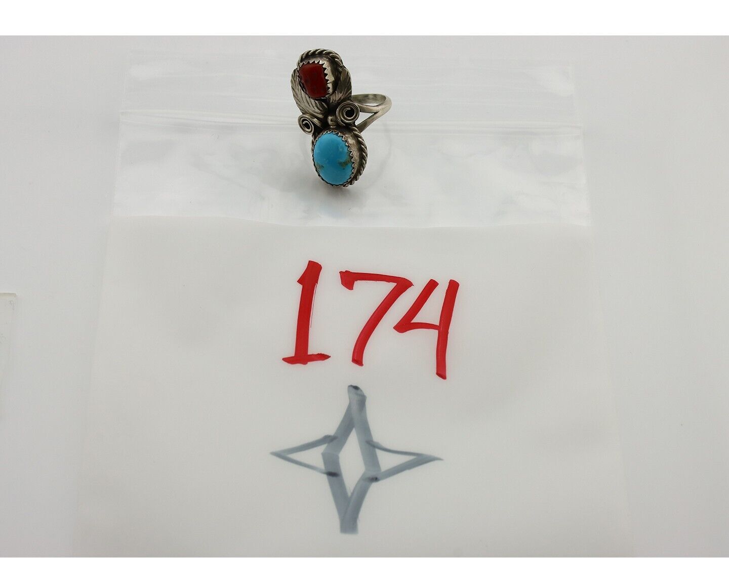 Navajo Ring 925 Silver Blue Turquiose & Coral Artist Signed Justin Morris C.80's