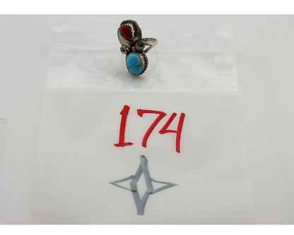 Navajo Ring 925 Silver Blue Turquiose & Coral Artist Signed Justin Morris C.80's