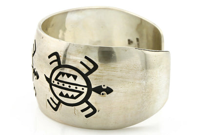 Navajo Bracelet .925 Silver Overlay Turtles Signed Artist Floyd Namingha C.90's