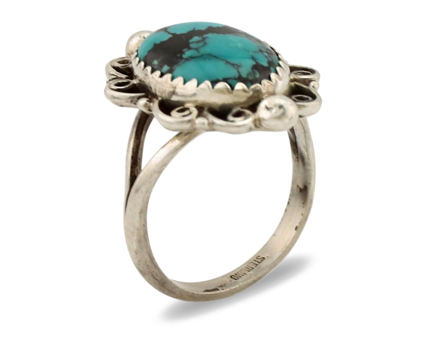 Navajo Ring .925 Silver Sleeping Beauty Turquoise Artist Signed TALHAT C.80's