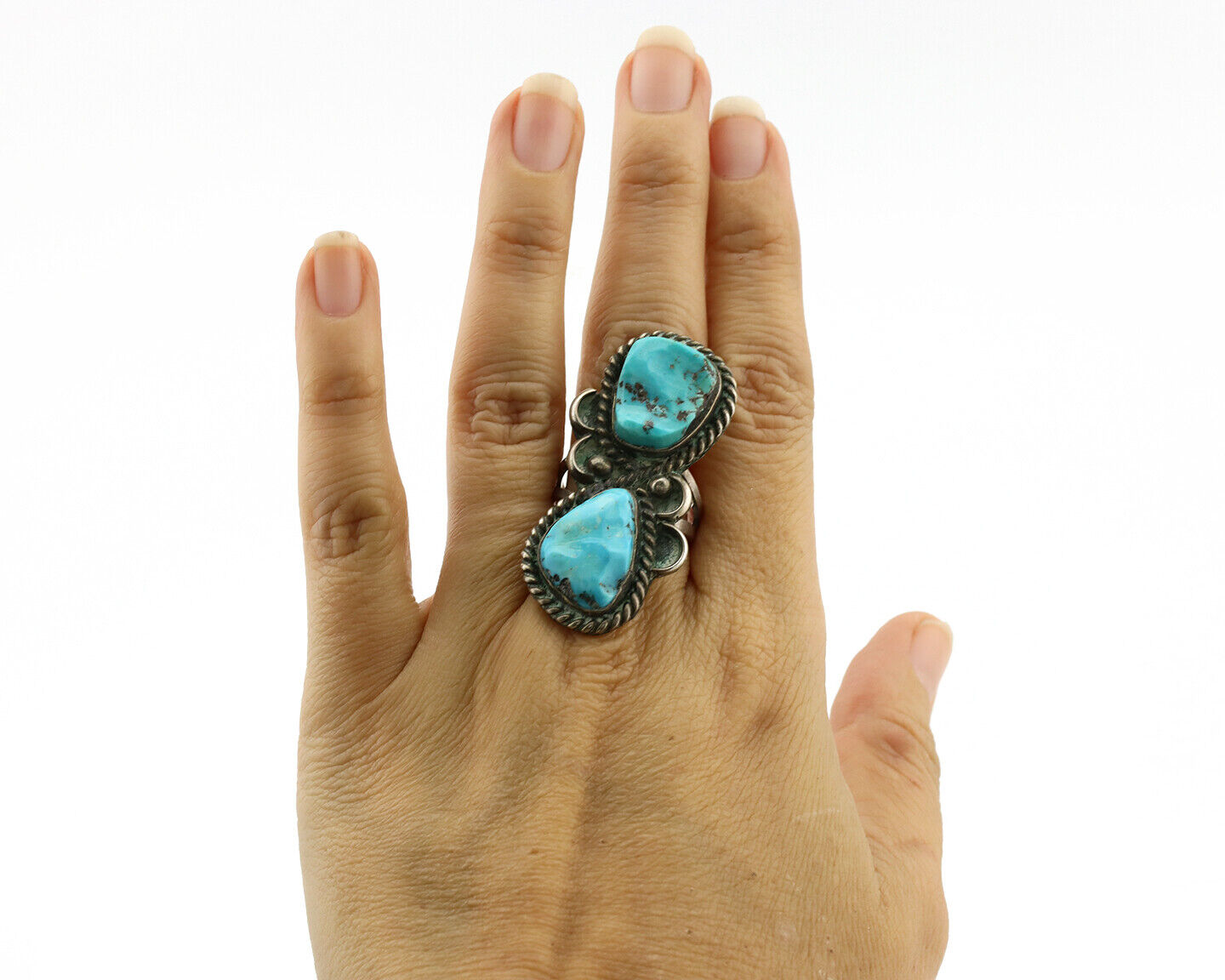 Navajo Ring .925 Silver Globe Turquoise Hand Stamped Native American Artist C80s