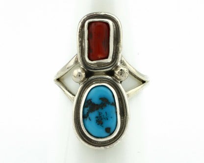 Navajo Ring .925 Silver Red Coral & Blue Turquoise Native Artist C.80's