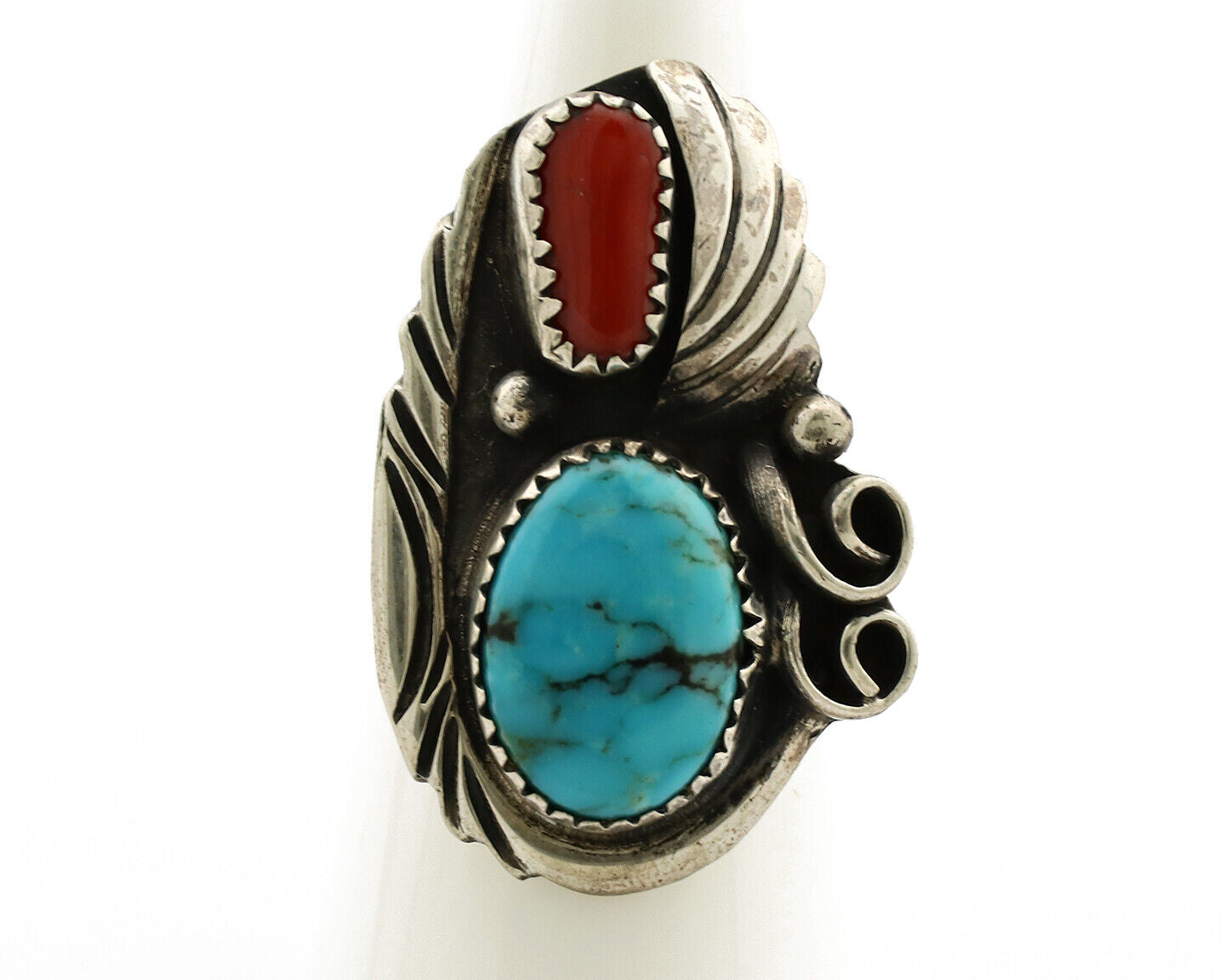 Navajo Ring 925 Silver Turquoise & Coral Artist Signed Native American C.80s