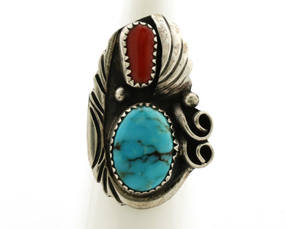 Navajo Ring 925 Silver Turquoise & Coral Artist Signed Native American C.80s