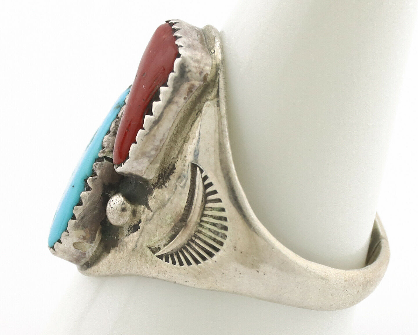 Zuni Ring .925 Silver Natural Turquoise & Coral Native American Artist C.1980's