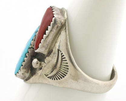 Zuni Ring .925 Silver Natural Turquoise & Coral Native American Artist C.1980's