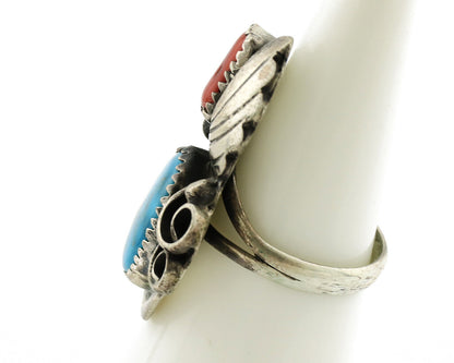 Navajo Ring 925 Silver Turquoise & Coral Artist Signed Native American C.80s