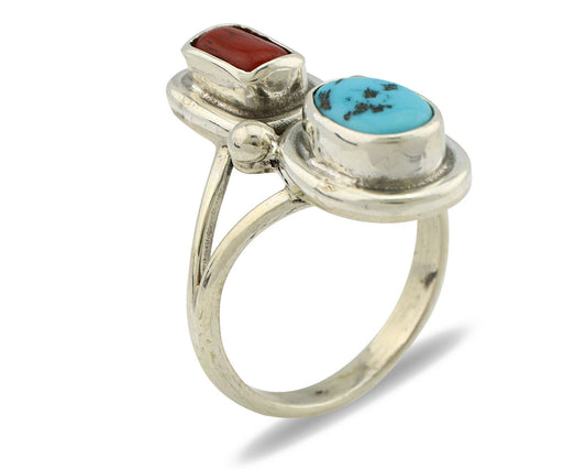 Navajo Ring .925 Silver Blue Turquoise & Red Coral Native American Artist C.80's