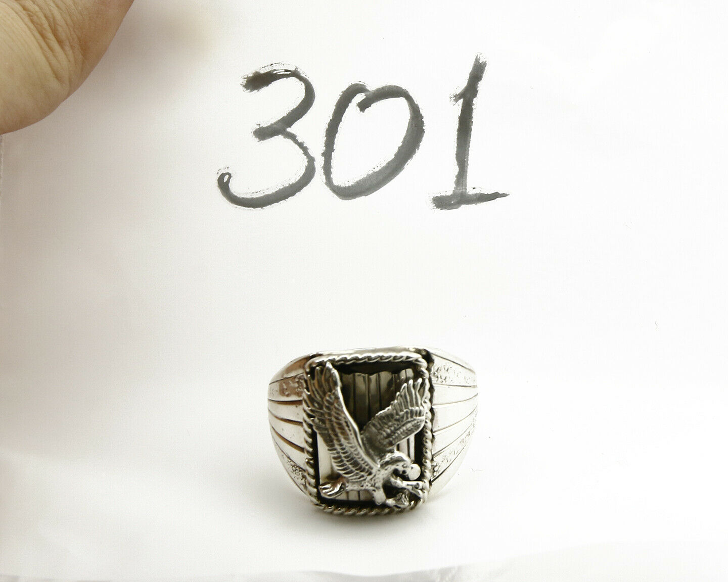 Navajo Ring .925 Silver Handmade Eagle Native Pattern Signed Artist S Ray C.80's