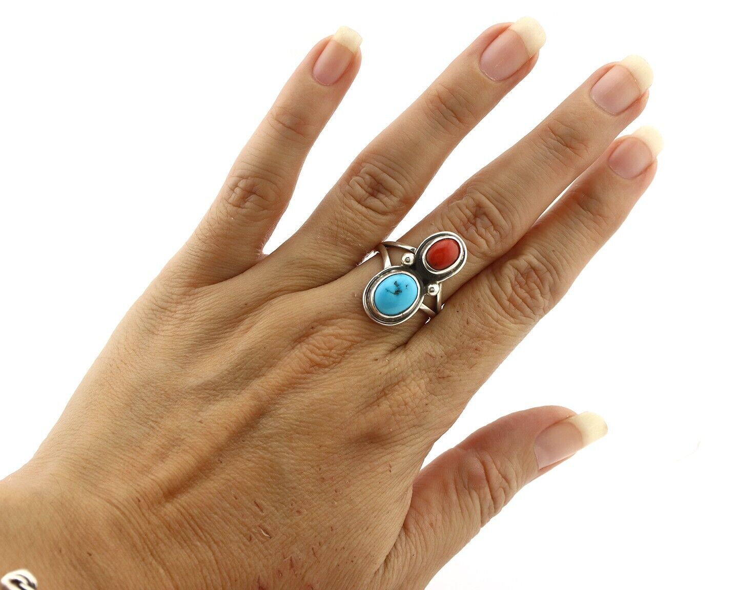 Navajo Inlay Band Ring 925 Silver Turquoise & Coral Native Artist C.80's