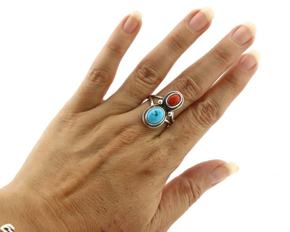 Navajo Inlay Band Ring 925 Silver Turquoise & Coral Native Artist C.80's